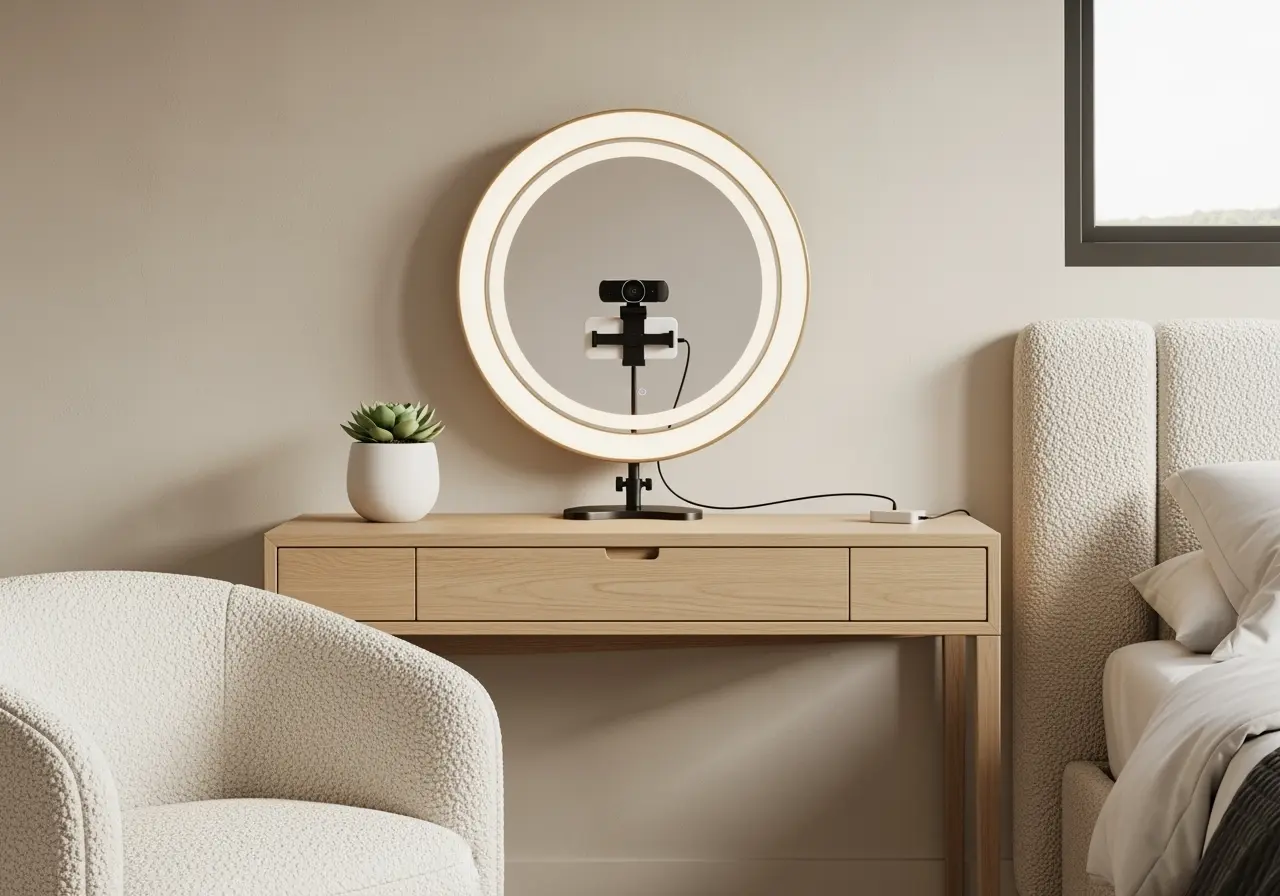 Professional webcam model setup with ring light, HD camera, and tidy workspace
