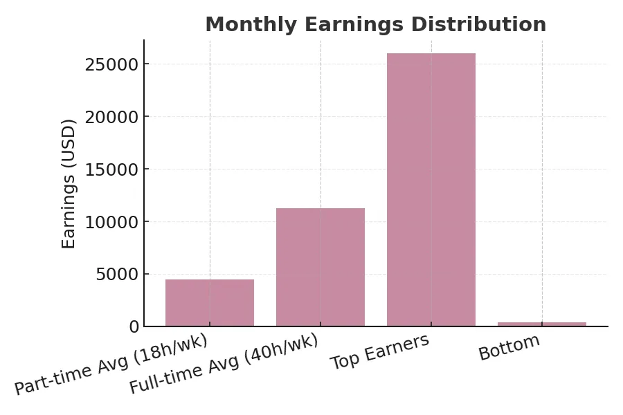 Earnings distribution across cam platforms and subscription sites