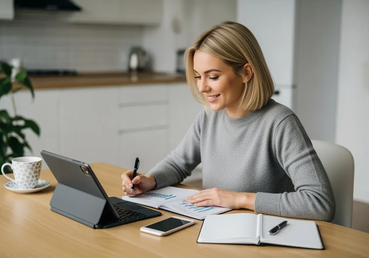 Smiling woman planning her content strategy and income goals at home