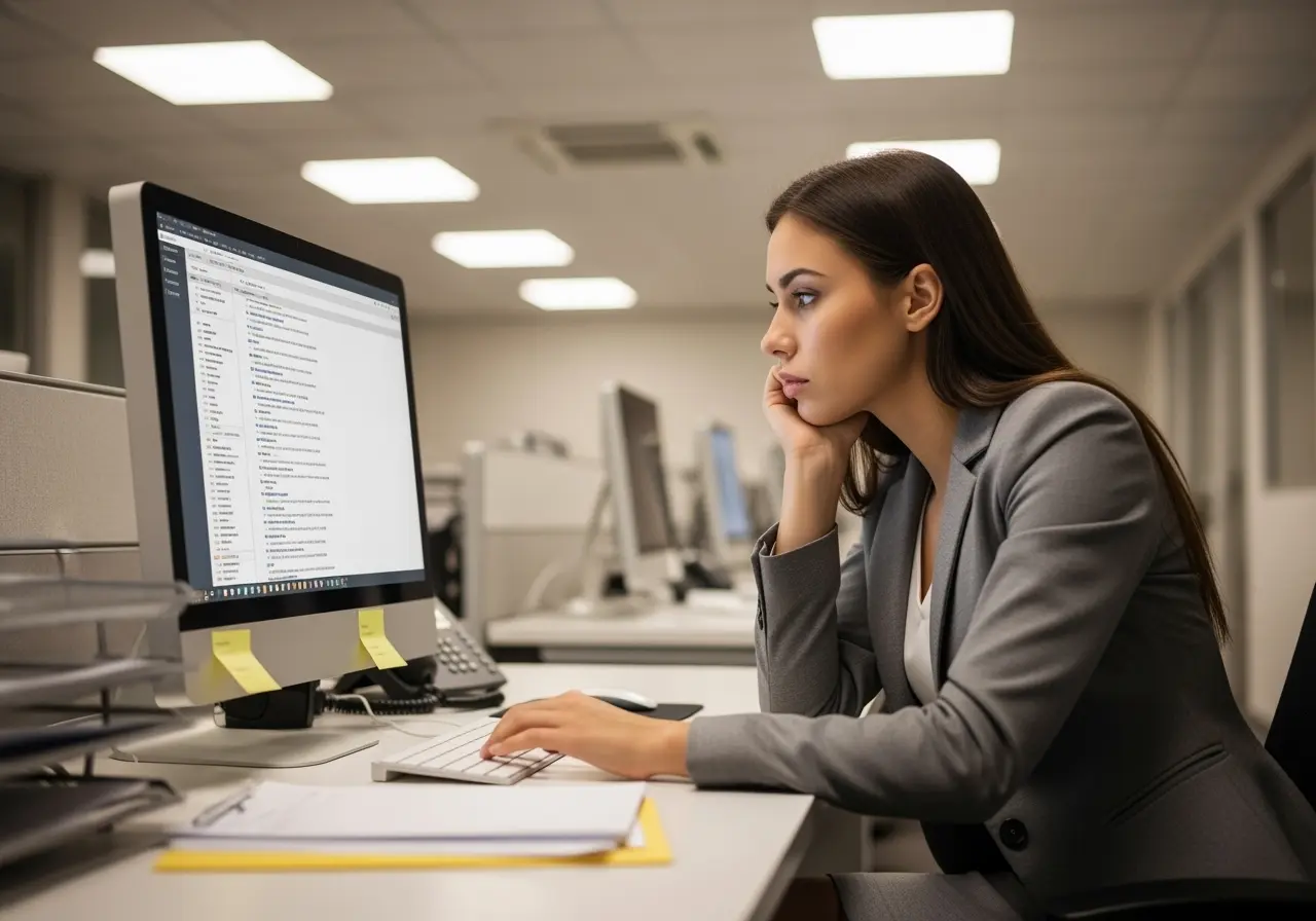 Young woman reading about UK cam model jobs on her laptop in the office